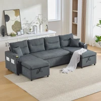 Contemporary 4-Seater Fabric Sofa with 2 Chaise Longues, Minimalist U-Shaped Couch with Integrated Cup Holders, 272L x 136W x 86H cm, Dark Gray(m-1)