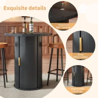 Round Bar Table with Metal Handles and Vertical-Slat Reinforced Body, Integrated Cabinet with Sliding Door, 60L x 60W x 91.5H cm, Black(m-4)