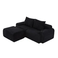 Modular 2-Seater Sofa with Foam-Filled Plush Seats, Black Corduroy Couch with Built-In Cup Holder, 200L x 174W x 80H cm, Black(m-10)