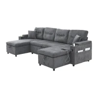 Contemporary 4-Seater Sofa with 2 Chaise Longues, Ribbed Corduroy Couch with Built-In Cup Holders, 272L x 136W x 86H cm, Charcoal grey(m-15)