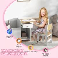 ZONEKIZ Bureau enfant avec chaise, table enfant avec tiroir, placard et large plateau, pour 3 à 6 ans, 80 x 39 x 59 cm, blanc(m-6)