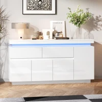 High-Gloss Sideboard with App-Controlled RGB LED Lighting, Freestanding Storage Cabinet with Adjustable Shelves, 140L x 35W x 72.5H cm, White(m-10)