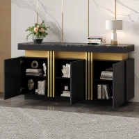 Modern Sideboard with Faux Marble Top and Anti-Tip Fixings, Luxury Storage Unit with Adjustable Shelves, 140L x 38W x 70H cm, Black(m-5)