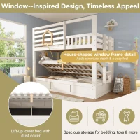 Children's Cabin Bunk Bed with Hydraulic Underbed Storage, Space‑Saving Bed Frame with Integrated Ladder, 200L x 102W x 184H cm, White(m-5)