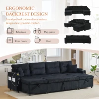 Contemporary 4-Seater Sofa with 2 Chaise Longues, Ribbed Corduroy Couch with Built-In Cup Holders, 272L x 136W x 86H cm, Black(m-9)