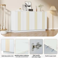 Living Room Sideboard with Elegant Metallic Vertical Lines, Freestanding Storage Cabinet with 4 Doors, 140L x 35W x 70H cm, White(m-5)