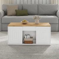 Height-Adjustable Coffee Table with Hydraulic Lift and Divided Shelves, Minimalist Center Table with Rounded Corners, 95L x 46W x 45H cm, White(m-1)