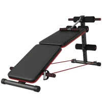 HOMCOM Sit Up Bank Bauchtrainer mit Trainingsseile Trainingsbank Multifunktion Verstellbar&klappbar 110 kg Belastbarkeit Stahl Schwarz+Rot 137 x 51 x 50-66 cm(m-1)