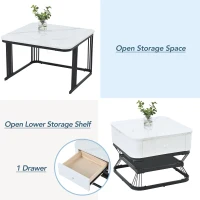 Nesting Coffee Table Set with Open Storage Shelf, Space-Saving Center Table Set with MDF Tops, 70L x 70W x 45H cm, White+Black(m-5)