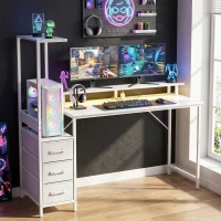 HOMCOM Scrivania Gaming 147 cm, Tavolo per Computer con Supporto CPU Regolabile e Reversibile, Luci RGB, Prese di Alimentazione, Porte USB e USB-C, Supporto Monitor e 3 Cassetti in Tessuto, Bianco(m-10)