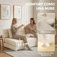 HOMCOM Sofá Cama Plegable 2 en 1 Butaca 2 Plazas Convertible en Terciopelo Acanalado Almohada Bolsillos Laterales Crema(m-5)