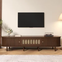 Oval TV Unit with Rattan-Effect Hinged Door, Sturdy Lowboard with 5 Enclosed Compartments, 180L x 40W x 40H cm, Walnut(m-1)