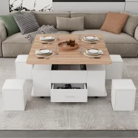 Extendable Lift Top Coffee Table with Hydraulic Lift, Space-Saving Center Table with 4 Hidden-Storage Stools, 100L x 50W x 45H cm, White+Natural(m-1)