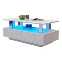 Sleek LED Coffee Table with App-Controlled Lighting, Stylish Center Table with Open Storage Shelf, 100L x 50W x 42.5H cm, White(m-8)