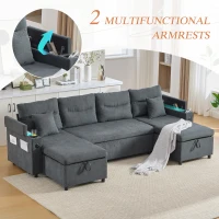 Contemporary 4-Seater Sofa with 2 Chaise Longues, Ribbed Corduroy Couch with Built-In Cup Holders, 272L x 136W x 86H cm, Charcoal grey(m-6)