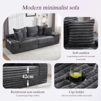 Convertible Sofa Bed with High Backrest and Extra Pillow, Ribbed Corduroy Couch with Dual Side Pockets, 107.5L x 38.5W x 34H cm, Dark Gray(m-7)