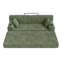 3-Seater Sleeper Sofa with Corduroy High-Back and High-Density Foam, Space-Saving Sofa Bed with 4 Side Pockets, 208L x 80W x 81H cm, Green(m-11)