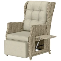 Outsunny Rattan Garden Recliner Chair, Reclining Garden Chair with Adjustable Back and Footrest, Flip Table, Cushion, Brown(m-1)
