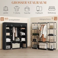 HOMCOM Stoffen Kledingkast van Vlies, Opvouwbare Kast, 1 Kledingstang, 9 Planken, 150 cm x 43 cm x 162,5 cm, Zwart(m-4)