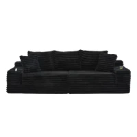Convertible Sofa Bed with High Backrest and Extra Pillow, Ribbed Corduroy Couch with Dual Side Pockets, 107.5L x 38.5W x 34H cm, Black(m-2)