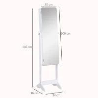HOMCOM Joyero de Pie con Espejo Armario para Joyas Luces Reclinable Guardajoyas Anillos Pendientes Collares 34x36x146cm Blanco(m-3)