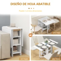 HOMCOM Mesa de Cocina Plegable con Alas Abatibles 2 Ruedas y Estantes Estilo Moderno 120x60x75 cm Blanco(m-5)
