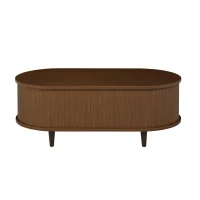 Oval Coffee Table with Sliding Roll-Top Doors, Sturdy Center Table with Two Drawers, 100L X 50W X 36H cm, Walnut(m-13)