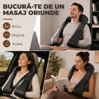 HOMCOM Masajer Cervical cu Încălzire pentru Spate, Gât și Umeri, Schimbare Automată a Direcției, Negru(m-7)