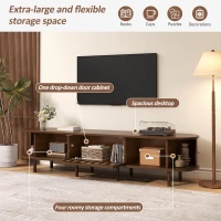 Oval TV Unit with Rattan-Effect Hinged Door, Sturdy Lowboard with 5 Enclosed Compartments, 180L x 40W x 40H cm, Walnut(m-4)