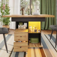 Telescopic Dining Table with App-Controlled LED Lighting, Modern Extension Table with Built-In Storage, 140L x 80W x 75H cm, Black+Natural(m-8)