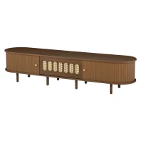 Oval TV Unit with Rattan-Effect Hinged Door, Sturdy Lowboard with 5 Enclosed Compartments, 180L x 40W x 40H cm, Walnut(m-2)