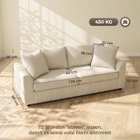 HOMCOM 3-Zitsbank met Sierkussens, Corduroy Sofa voor Woonkamer, Slaapkamer, 212 cm Breed, Crèmewit(m-3)