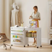 HOMCOM Folding Sewing Table, Rolling Craft Table with Storage compartments, Shelf and Lockable Casters for Small Spaces, White(m-10)