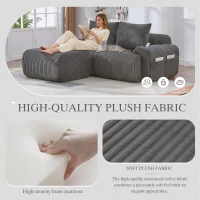 Modular 2-Seater Sofa with Foam-Filled Plush Seats, Dark Grey Corduroy Couch with Built-In Cup Holder, 200L x 174W x 80H cm, Dark Gray(m-6)