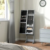HOMCOM Espejo Joyero con Luces LED Armario para Joyas Armario Joyero de Pie con Espejo Entero Ángulo Ajustable Gris(m-8)