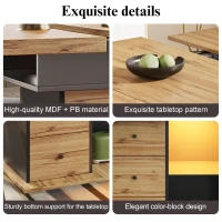 Telescopic Dining Table with App-Controlled LED Lighting, Modern Extension Table with Built-In Storage, 140L x 80W x 75H cm, Black+Natural(m-5)