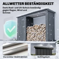Outsunny 2-in-1 Kaminholzregal Außen verzinkter Stahl 235 x 67 x 149 cm Brennholzregal mit Geräteschrank Schrägdach Dunkelgrau(m-5)