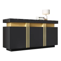 Modern Sideboard with Faux Marble Top and Anti-Tip Fixings, Luxury Storage Unit with Adjustable Shelves, 140L x 38W x 70H cm, Black(m-2)