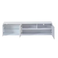 Freestanding TV Cabinet with LED Ambient Lighting and Tempered Glass Display, Modern Lowboard with 3 Doors, 180L x 40W x 45H cm, White(m-11)