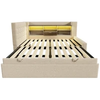 Convertible Daybed Trundle with Clever Storage and Sturdy Frame, Breathable Linen Sofa Bed with Integrated Charging, 204L x 107W x 88H cm, Beige(m-13)