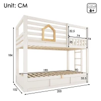 Children's Cabin Bunk Bed with Hydraulic Underbed Storage, Space‑Saving Bed Frame with Integrated Ladder, 200L x 102W x 184H cm, White(m-3)