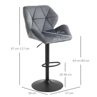HOMCOM Barkrukken 2-delige set, gestoffeerde barkruk met metalen frame, rugleuning, fluweelachtige look, in hoogte verstelbaar, 360° draaibaar(m-3)