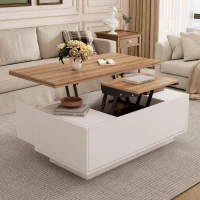 Lift-up Coffee Table with Hidden Storage and Dual Liftable Tops, Space-saving Centre Table for Dining, 100L x 50W x 55.5H cm, White+Natural(m-10)