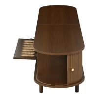 Oval TV Unit with Rattan-Effect Hinged Door, Sturdy Lowboard with 5 Enclosed Compartments, 180L x 40W x 40H cm, Walnut(m-10)