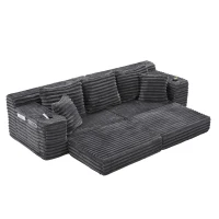 Convertible Sofa Bed with High Backrest and Extra Pillow, Ribbed Corduroy Couch with Dual Side Pockets, 107.5L x 38.5W x 34H cm, Dark Gray(m-14)