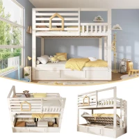 Children's Cabin Bunk Bed with Hydraulic Underbed Storage, Space‑Saving Bed Frame with Integrated Ladder, 200L x 102W x 184H cm, White(m-7)