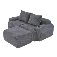 Modular 2-Seater Sofa with Foam-Filled Plush Seats, Dark Grey Corduroy Couch with Built-In Cup Holder, 200L x 174W x 80H cm, Dark Gray(m-10)