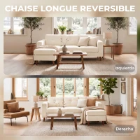HOMCOM Sofá esquinero 192 cm en L 3 plazas con chaiselongue reversible, acabado en pana, para espacios pequeños, blanco crema(m-4)