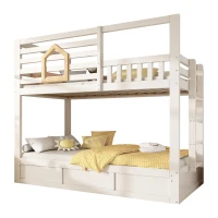 Children's Cabin Bunk Bed with Hydraulic Underbed Storage, Space‑Saving Bed Frame with Integrated Ladder, 200L x 102W x 184H cm, White(m-2)