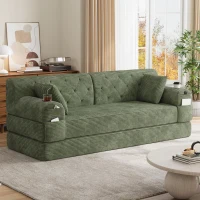 3-Seater Sleeper Sofa with Corduroy High-Back and High-Density Foam, Space-Saving Sofa Bed with 4 Side Pockets, 208L x 80W x 81H cm, Green(m-9)